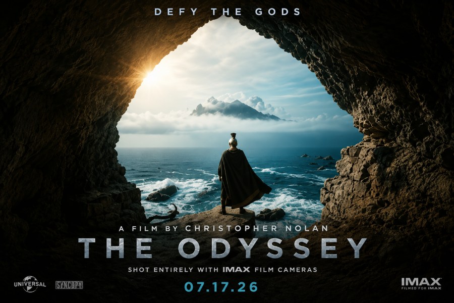 Christopher Nolan The Odyssey movie poster featuring Odysseus overlooking the sea