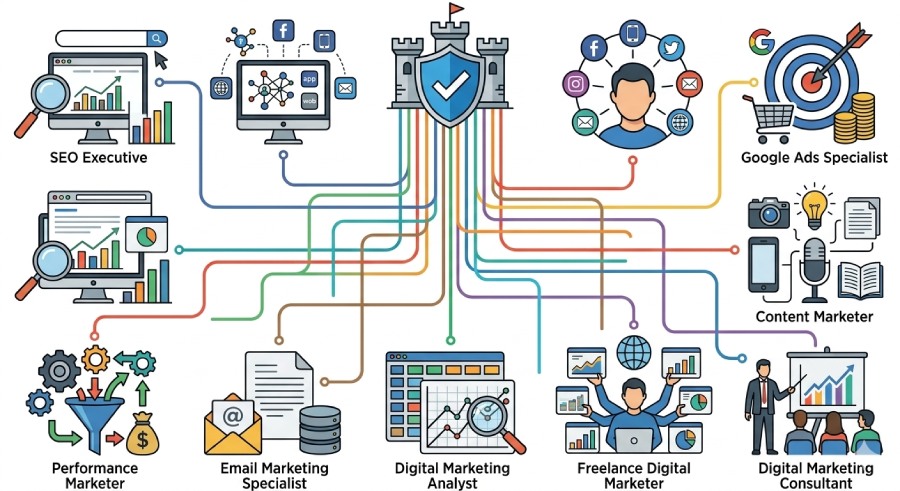 A colorful infographic illustrating various digital marketing career roles such as SEO Executive, Social Media, Google Ads Specialist, Analyst, and Consultant—networked together with flat design icons.