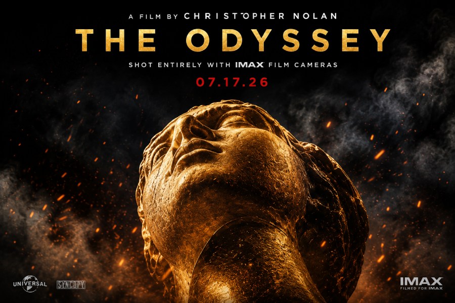 The Odyssey 2026 movie poster with golden Greek statue and cinematic artwork