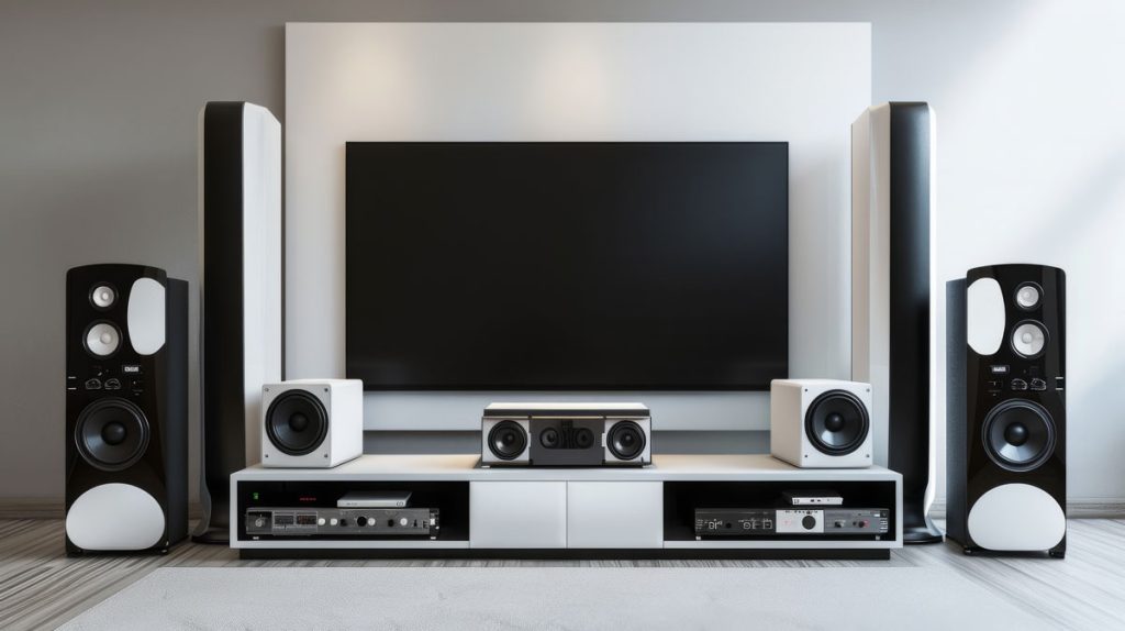 Pure Acoustics Supernova 5.1.2 home theatre package with tower speakers, subwoofer, center speaker, and AV receiver in a premium living room setup.